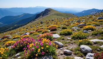 a windswept alpine tundra dotted with low shrubs and wildflowers in summer. photo