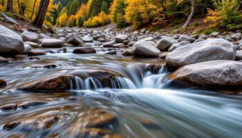 a crystal clear mountain stream flowing swiftly over smooth rocks, surrounded by autumn foliage. photo