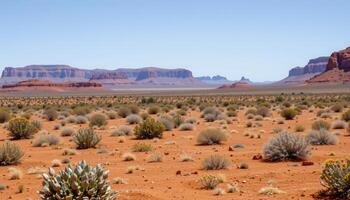 a desert plain dotted with small shrubs and distant red rock formations under a clear sky. photo