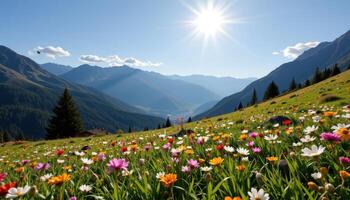 a quiet alpine meadow filled with wildflowers and buzzing insects beneath a bright sun. photo
