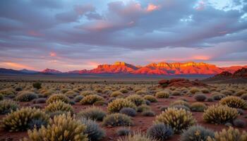 a desert plain dotted with sagebrush and glowing mesas under warm sunset light. photo