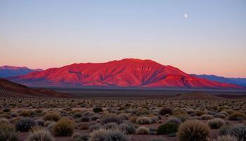 a desert mesa glowing red in the late afternoon sun with sparse vegetation on its slopes. photo