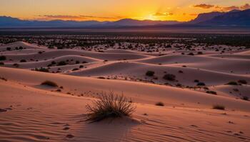 a quiet desert valley with sand dunes stretching toward distant mesas at sunset. photo