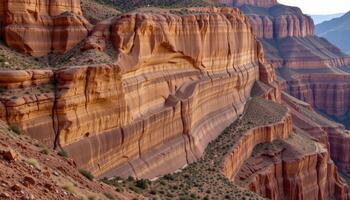 a steep canyon wall carved by centuries of wind and water, painted in rich earth tones. photo