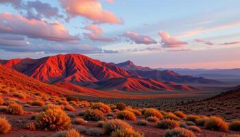 a desert mesa glowing red in the warm light of sunset with sparse vegetation dotting its slopes. photo
