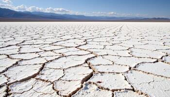a vast salt flat with intricate patterns cracked into the dry earth under a cloudless sky. photo