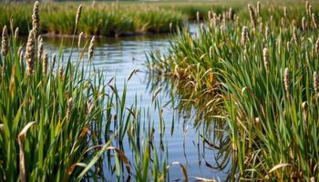 a peaceful coastal marsh filled with tall reeds gently swaying in the breeze. photo