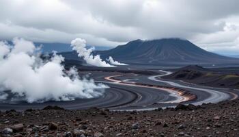 a rugged volcanic landscape dotted with steaming fumaroles and black lava fields beneath gray clouds. photo