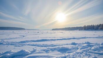 a frozen tundra stretching endlessly beneath a pale winter sun and swirling snowflakes. photo