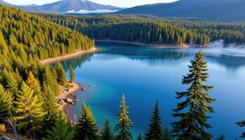 a clear blue lake surrounded by dense forest with mist rising off the water in early morning. photo
