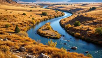 a winding river cutting through a wide valley filled with golden grasses and scattered trees. photo
