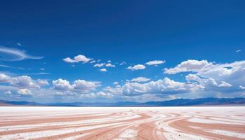 a vast salt flat stretching to the horizon under a deep blue sky dotted with clouds. photo