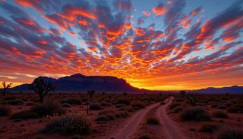 a desert mesa silhouetted against a fiery sunset sky with scattered clouds. photo