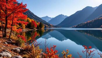 a mountain lake fringed with autumn trees glowing red and gold beneath a clear sky. photo