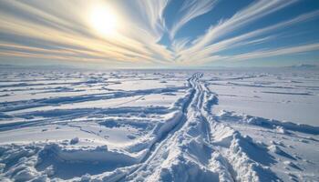 a frozen tundra landscape stretching endlessly beneath swirling snow and pale sunlight. photo