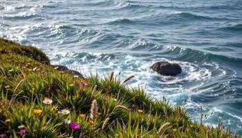 a coastal bluff covered with wild grasses and scattered wildflowers overlooking a churning sea. photo
