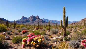 a desert landscape filled with blooming cacti and scattered rock formations beneath a clear sky. photo