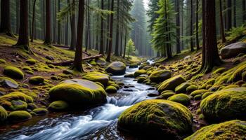 a winding forest stream bordered by mossy boulders and tall fir trees. photo