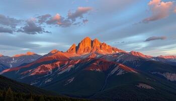 a rocky mountain ridge bathed in the warm glow of the late afternoon sun. photo