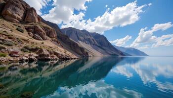 a calm coastal bay with mirror like water reflecting rugged cliffs and scattered clouds. photo