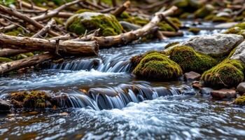 a crystal clear alpine stream flowing gently over mossy rocks and fallen branches. photo