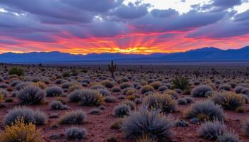 a desert plain scattered with sagebrush and distant mesas glowing under a fiery sunset. photo
