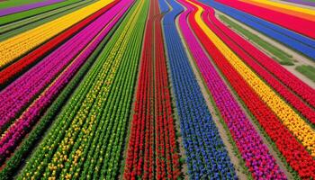 a drone's eye view of tulip fields arranged in perfect rows of rainbow colors, stretching across dutch farmland. photo