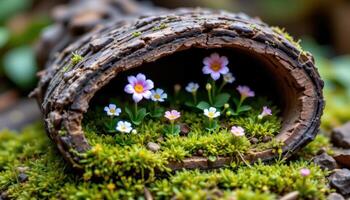 a micro garden created in the hollow of an old tree trunk, filled with miniature flowering moss and blossoms. photo