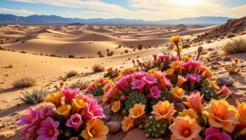 a desert oasis blooming with rare cactus flowers in radiant hues, surrounded by rippling sand dunes and a distant mirage. photo