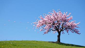 a lone cherry blossom tree in full bloom on a grassy hill, petals dancing in the wind against a cerulean sky. photo