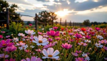 a field of cosmos flowers gently swaying in the summer breeze, framed by a rustic fence and a soft golden hour sky. photo