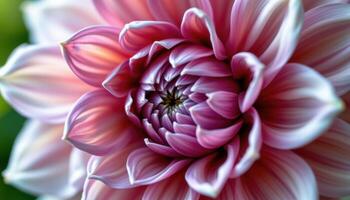 a detailed macro of a blooming dahlia with perfect spirals in its petals, enhanced by soft natural lighting. photo