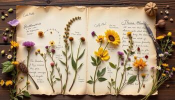 a vintage styled flatlay of pressed wildflowers on aged parchment photo