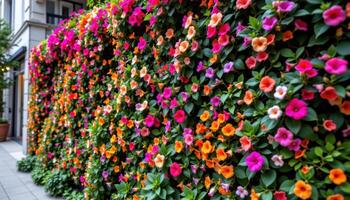 a lush vertical garden on a city wall overflowing with tropical flowers in brilliant pinks, oranges, and purples photo