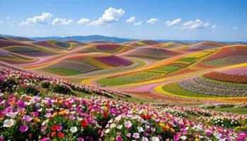 a surreal landscape where flowers grow in geometric patterns across rolling hills, forming intricate natural mosaics. photo