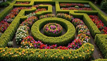 a garden maze made entirely of flowering hedges, viewed from above to highlight the intricate floral patterns. photo