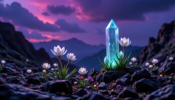 a mysterious scene of glowing crystal flowers growing out of obsidian rock under a deep violet sky. photo