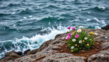 a stormy seaside cliff with a stubborn patch of wind whipped flowers blooming defiantly amid the rocks. photo