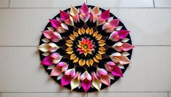 a symmetrical mandala made entirely of fresh cut petals arranged with meticulous precision over black velvet. photo