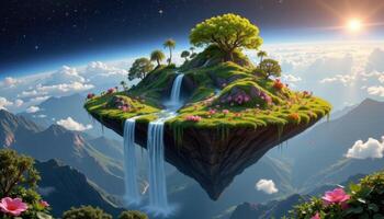 a surreal floating island with waterfalls flowing into space, covered in lush greenery and blooming exotic flora. photo
