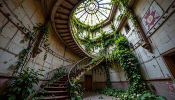 a spiral staircase in an abandoned building now overtaken by flowering vines that wrap upward toward a broken glass ceiling. photo