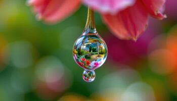 a close up of a water droplet hanging from a flower petal, reflecting an entire floral landscape upside down. photo