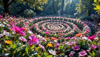 a magical clearing where flowers bloom in spiral formations following invisible geometric patterns. photo