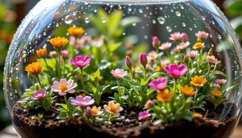 a terrarium filled with miniature versions of exotic flowers, dew covered glass reflecting morning sunlight. photo