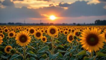 a glowing dawn scene of a field filled with sunflowers facing the early morning light, stretching toward infinity. photo