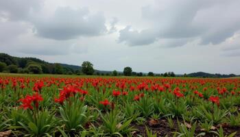 a quiet field after rain where spider lilies rise from the damp soil, their vivid red petals contrasting with the grey clouds. photo