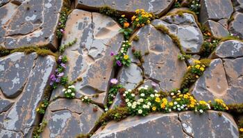 a vertical rock wall transformed into a natural tapestry of blooming alpine flora clinging to cracks and crevices. photo
