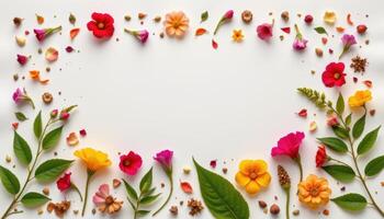 a detailed flatlay of tropical flower petals, leaves, and seeds arranged in symmetrical patterns over handmade paper. photo