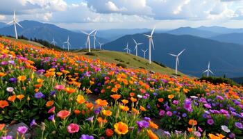 a dreamlike mountaintop garden where wind turbines are surrounded by bright orange and purple wildflowers. photo
