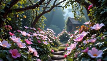 a fantasy glade filled with translucent glass like flowers glowing softly under a canopy of vines. photo